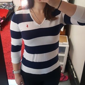Ralph Lauren blue + white striped v-neck sweater